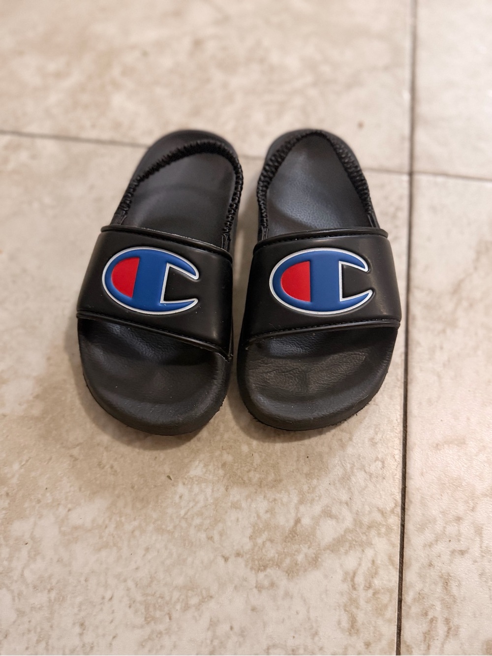 Champion Kids' Black Slide Slides with Blue & Red Logo